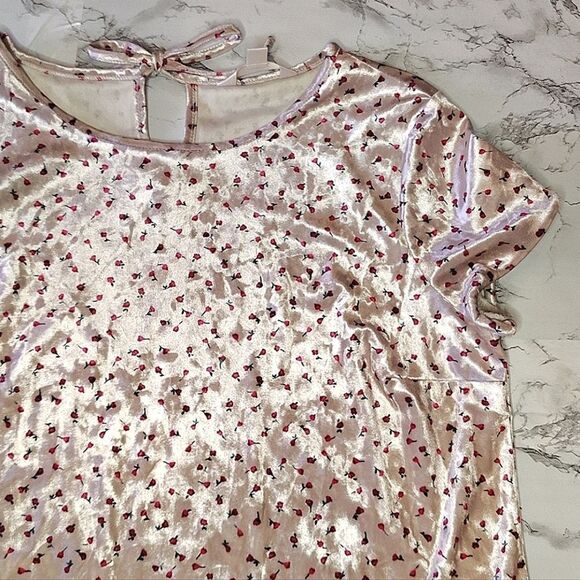 Lauren Conrad LC Pink Red Rosebud Print Short Sleeve Velvet Blouse Small - Picture 4 of 10